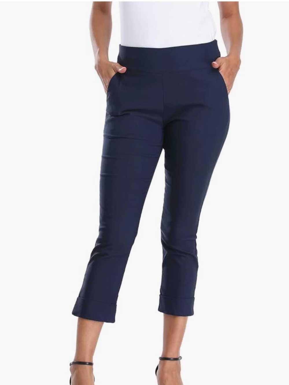 💙 HDE Pull On Capri Pants Elastic Waist Cropped Work Pants with Pockets